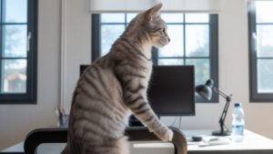 Illustration d’un chaton tigré assis sur une table, regardant par la fenêtre.