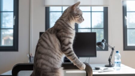 Tarn : un chaton abandonné devient soutien émotionnel au commissariat de Mazamet — Alpha, la nouvelle mascotte policière qui apaise les cœurs Illustration d’un chaton tigré assis sur une table, regardant par la fenêtre.