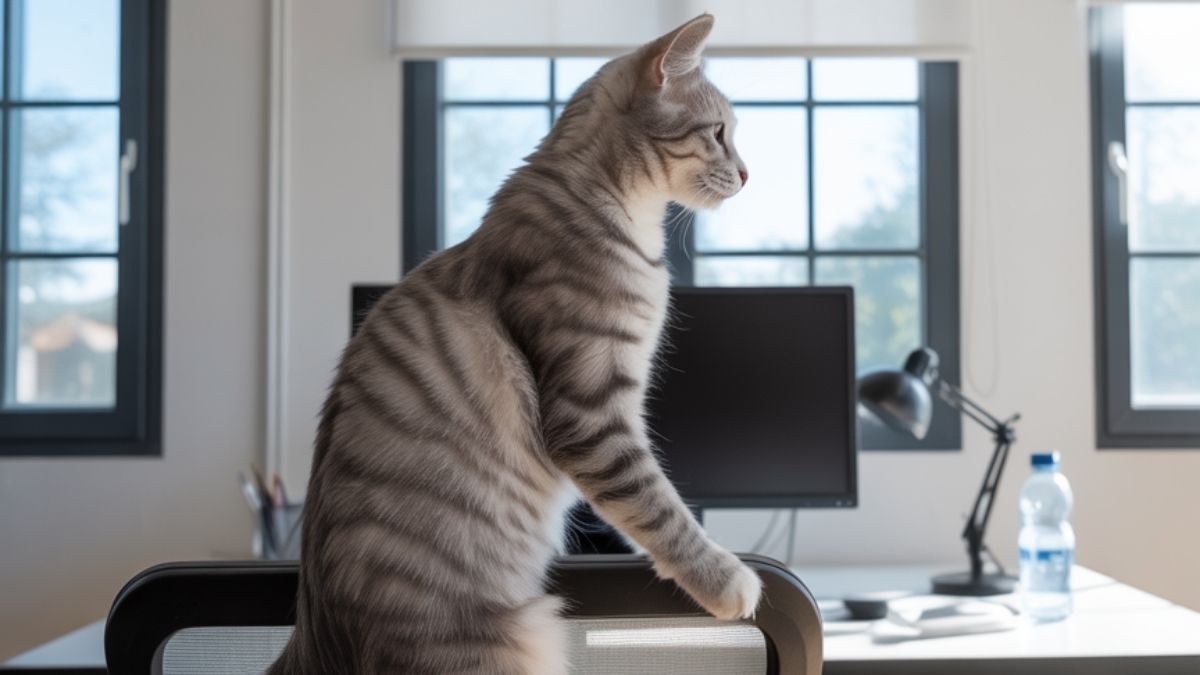 Ces races qui vous accompagnent (vraiment) toute une vie 2 Illustration d’un chaton tigré assis sur une table, regardant par la fenêtre.