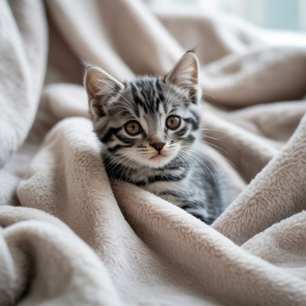 Tarn : un chaton abandonné devient soutien émotionnel au commissariat de Mazamet — Alpha, la nouvelle mascotte policière qui apaise les cœurs 1 Illustration d’un chaton tigré blotti dans une couverture beige, regardant vers l’objectif.