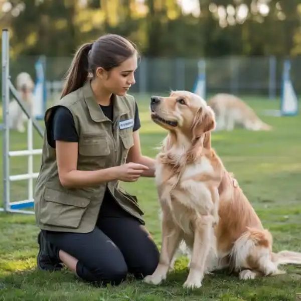Illustration d’une élève en formation canine apprenant les gestes de l’éducation positive avec un chien assis devant elle.