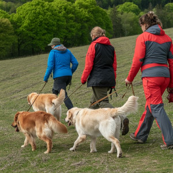 Illustration de plusieurs élèves en formation canine marchant avec leurs chiens lors d’un exercice de socialisation en plein air.