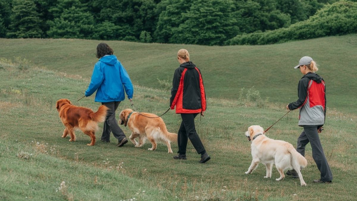 Des élèves du lycée agricole de Saint-Gervais-d’Auvergne promènent plusieurs chiens pendant leur formation canine consacrée au bien-être animal.