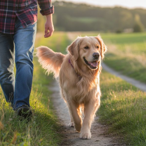 Un chien marche joyeusement dans un parc aux côtés de son propriétaire, symbole du lien fort entre détente, nature et équilibre avant une journée de travail.