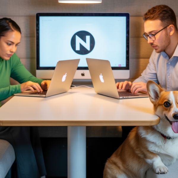 Deux personnes travaillent sur leurs ordinateurs dans un bureau moderne, pendant qu’un chien calme repose à leurs côtés, symbole du bien-être animal intégré à la vie professionnelle.