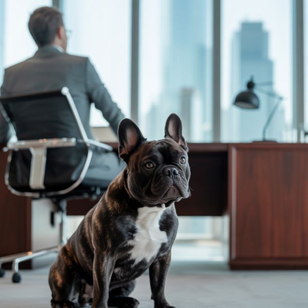 Un chien assis dans un bureau moderne observe attentivement autour de lui pendant que son propriétaire travaille à son poste, illustrant la vigilance et la présence apaisante des animaux au travail.