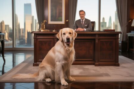 Un chien assis calmement dans un bureau moderne, à côté d’un cadre élégant assis derrière son bureau — une scène symbolisant la présence apaisante des animaux dans le monde du travail.