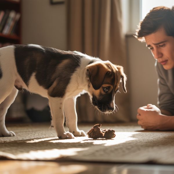 Homme observant son chien renifler ses crottes dans le salon, illustrant le comportement de coprophagie et la réaction du maître.