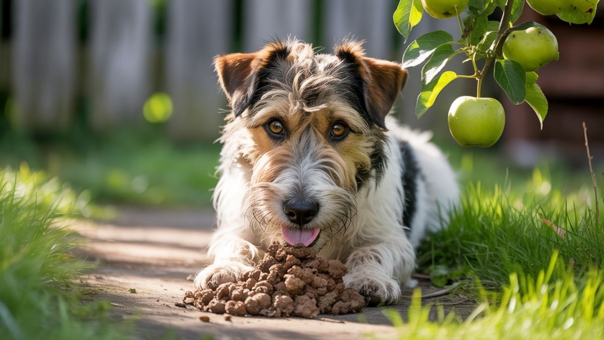 Chien assis dans un jardin en train de sentir ou de manger ses crottes, illustrant la coprophagie chez le chien.