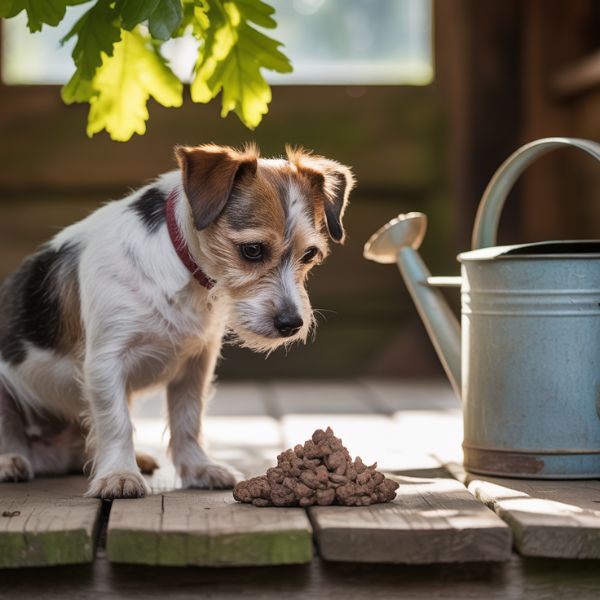 Petit chien curieux dans un jardin reniflant une crotte au sol, illustrant le comportement de coprophagie chez le chien.