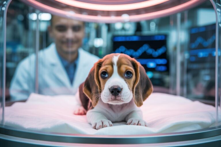 Un chiot allongé sur une table d’examen dans un laboratoire, observé par un scientifique en blouse blanche — image symbolisant le clonage d’animaux domestiques et les enjeux éthiques du vivant.