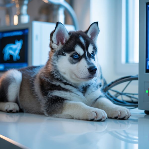 Un chiot de race husky allongé sur une table dans un environnement de laboratoire, symbolisant la recherche scientifique sur le clonage d’animaux domestiques.