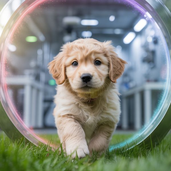 Un chiot blond court sur l’herbe devant un équipement de laboratoire, image symbolisant le clonage d’animaux et la frontière entre nature et technologie.