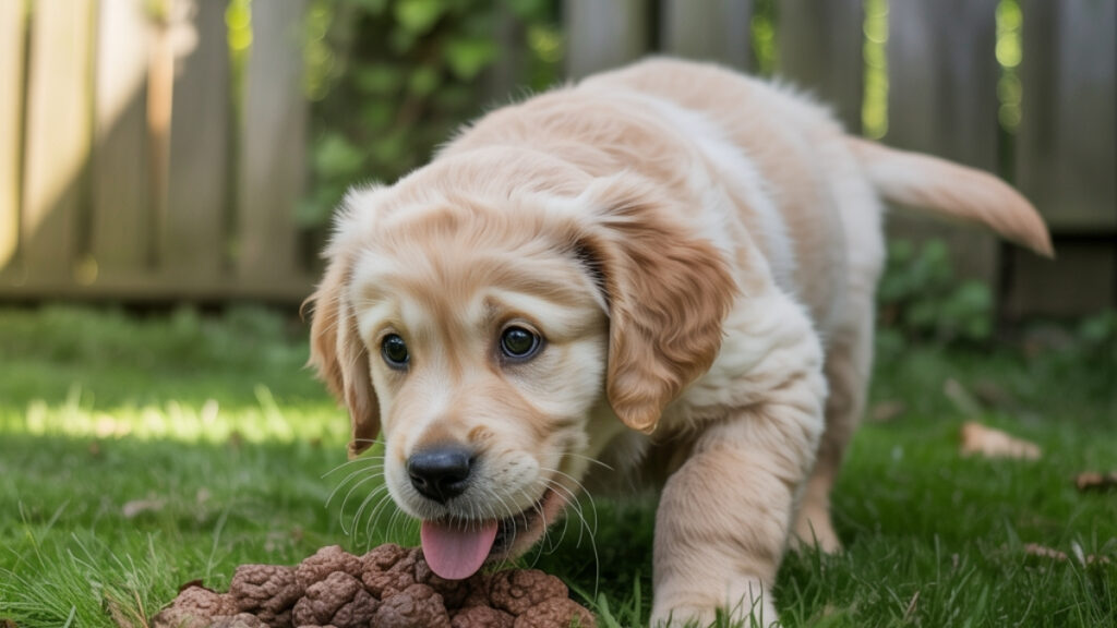 Chien allongé sur l’herbe, reniflant le sol, illustrant un comportement de coprophagie.