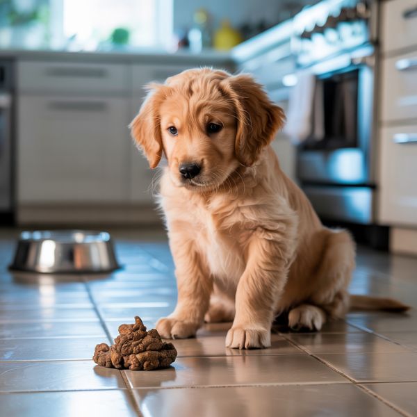 Chiot assis dans une cuisine près de sa gamelle, observant une crotte, illustration de la coprophagie chez le chien.