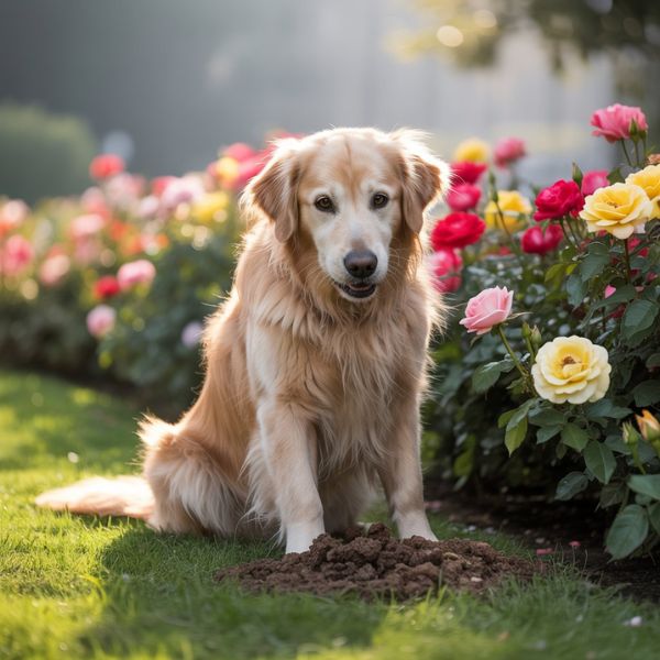 Golden retriever assis dans un jardin fleuri, observant le sol, illustrant un comportement de coprophagie.
