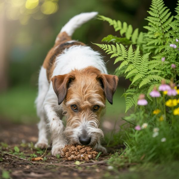 Petit chien reniflant le sol dans un jardin, illustrant un comportement de coprophagie.