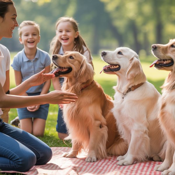 Des enfants assis dans l’herbe aux côtés de plusieurs chiens, partageant un moment de complicité et de caresses.