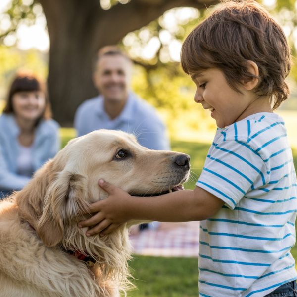 Un jeune enfant caresse un chien assis, sous le regard bienveillant de sa famille en arrière-plan.