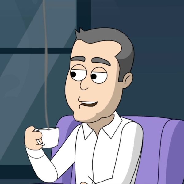 Personnage masculin en style cartoon, assis sur un fauteuil violet, tenant une tasse de café fumant.