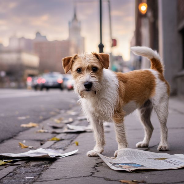 Un petit chien blanc et fauve se tient sur un trottoir pavé, entouré de feuilles mortes, dans une rue calme d’Europe. L’image illustre la future taxe imposée à Bolzano sur les chiens pour financer la propreté urbaine.