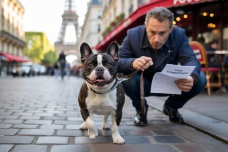 Texte alternatif : Un homme promène un chien dans une rue pavée d’Europe, en laisse, au petit matin. La scène illustre la nouvelle taxe instaurée à Bolzano sur les chiens, symbole du partage de l’espace public entre habitants et animaux.