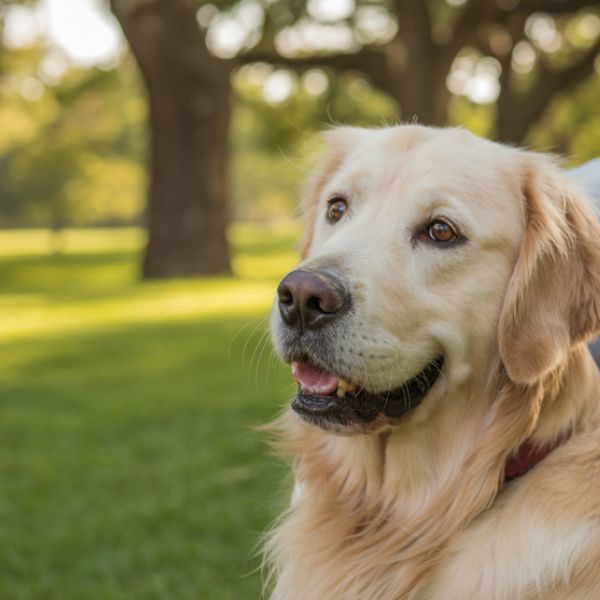 Un chien au pelage clair assis dans un parc verdoyant, observant calmement autour de lui. L’image illustre le débat sur la taxe canine à Bolzano et la place des chiens dans l’espace public.