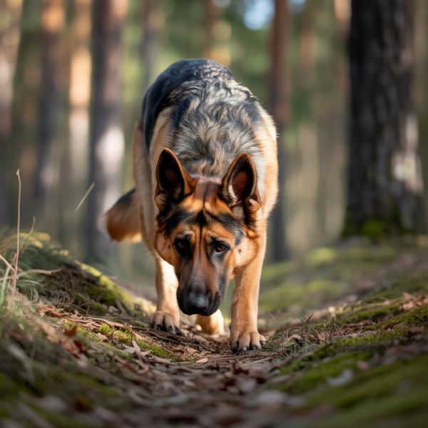 Un berger allemand avance truffe au sol dans un sous-bois, concentré sur une piste olfactive lors d’un exercice de mantrailing à Belfort.