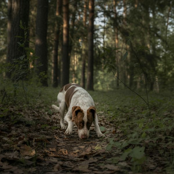 Un chien clair suit une piste dans une forêt, concentré sur une odeur lors d’un exercice de mantrailing à Belfort.