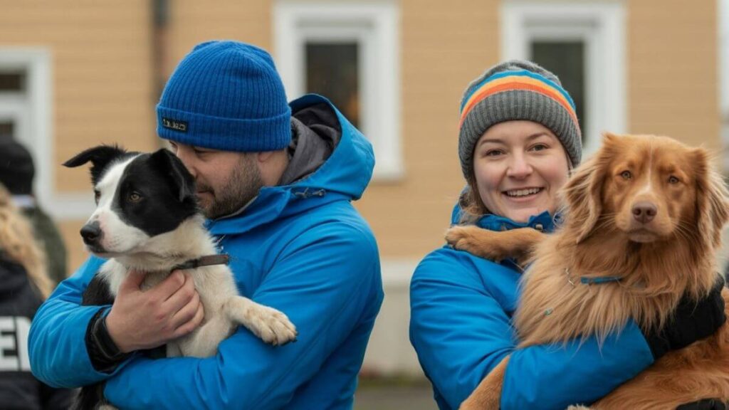 Chiens d’avalanche : ces héros silencieux qui veillent sur la montagne Illustration de deux maîtres-chiens d’avalanche entraînant leurs compagnons à la neige, symbole du lien entre humains et animaux secouristes