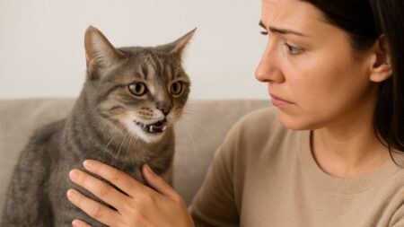 Illustration d’un "miaulement de douleur chat" avec un chat gris tigré recevant une caresse d’un humain assis à ses côtés. Crédit photo : Planipets.