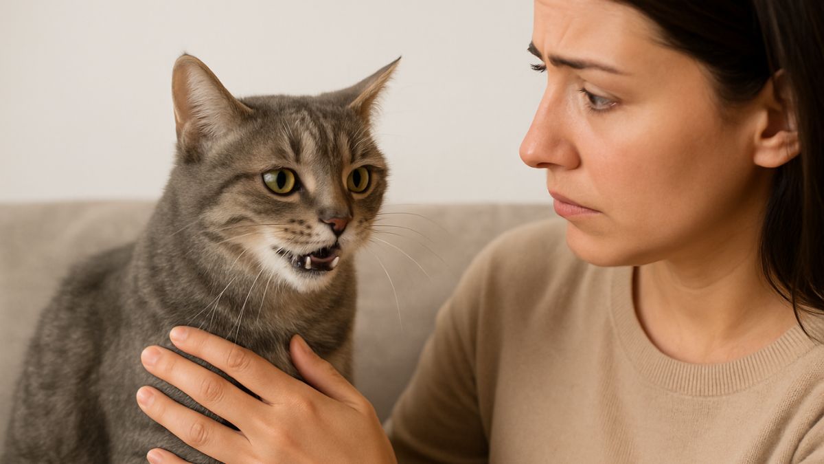 Illustration d’un "miaulement de douleur chat" avec un chat gris tigré recevant une caresse d’un humain assis à ses côtés. Crédit photo : Planipets.