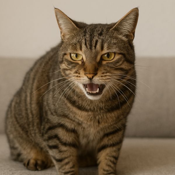 Illustration d’un miaulement de douleur chat avec un chat tigré assis sur un canapé, la bouche ouverte en train de miauler. Crédit photo : Planipets.