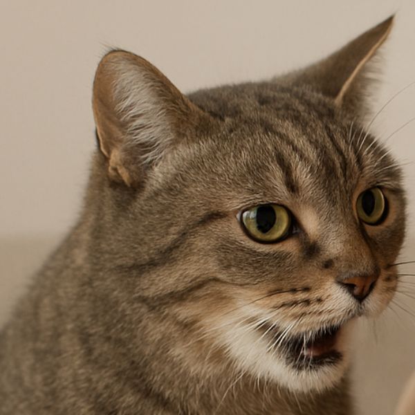 Illustration d’un miaulement de douleur chat avec un chat tigré la gueule ouverte en plein miaulement. Crédit photo : Planipets.