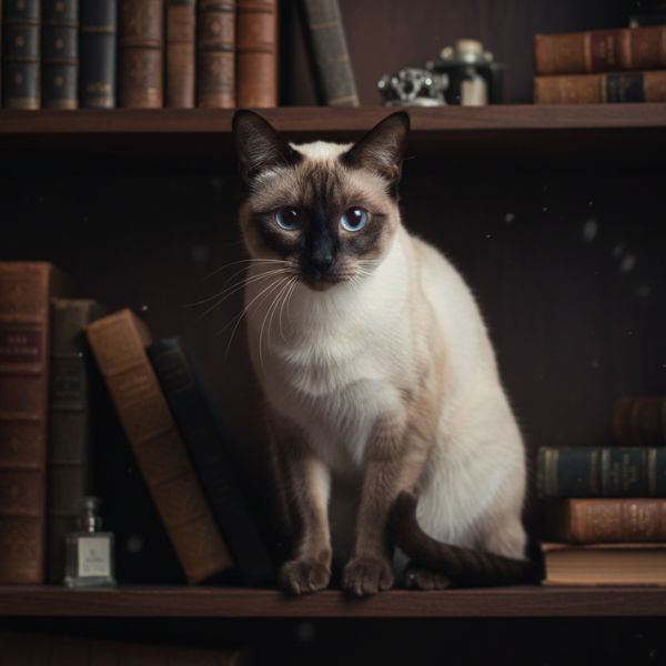 Illustration d'un chat qui miaule la nuit sans raison aux yeux bleus sur une étagère de livres, l'air très attentif dans la pénombre.