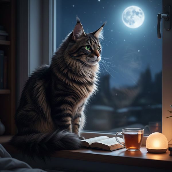 Illustration d'un chat qui miaule la nuit sans raison aux poils longs, assis sur un rebord de fenêtre la nuit, observant la lune.
