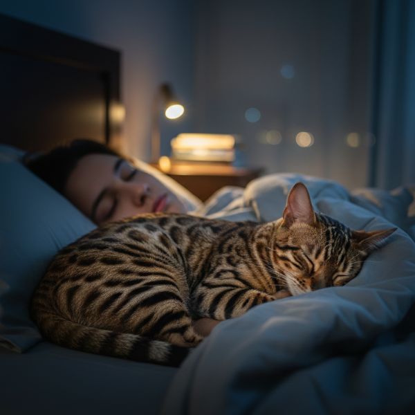 Illustration d'un chat qui miaule la nuit sans raison blotti sur une personne endormie dans un lit, l'oreille dressée dans l'obscurité.