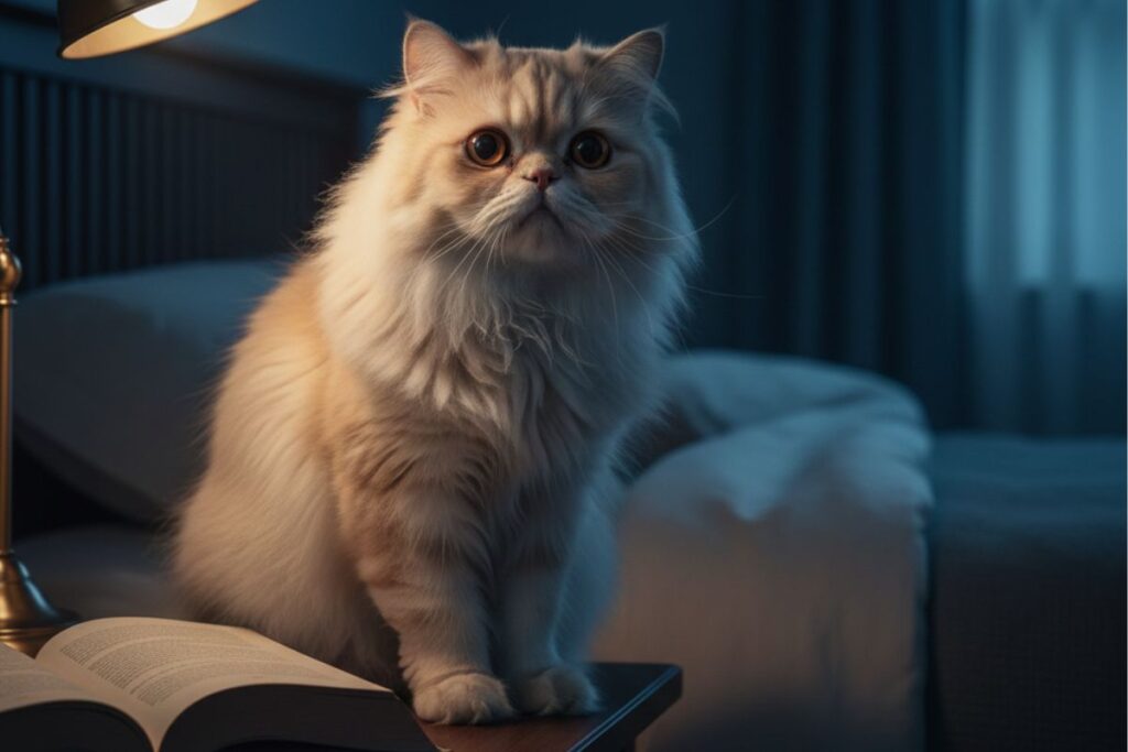 Illustration d'un chat qui miaule la nuit sans raison sur une table de chevet, fixant l'obscurité à côté d'une lampe éteinte.