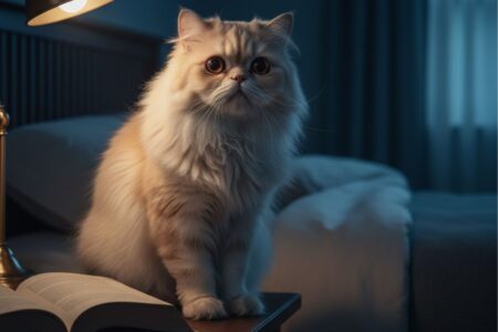 Illustration d'un chat qui miaule la nuit sans raison sur une table de chevet, fixant l'obscurité à côté d'une lampe éteinte.