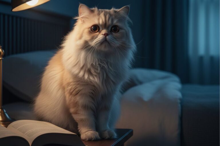 Illustration d'un chat qui miaule la nuit sans raison sur une table de chevet, fixant l'obscurité à côté d'une lampe éteinte.