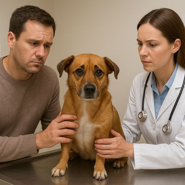 Consultation vétérinaire avec un propriétaire préoccupé, un chien anxieux assis sur le comptoir.