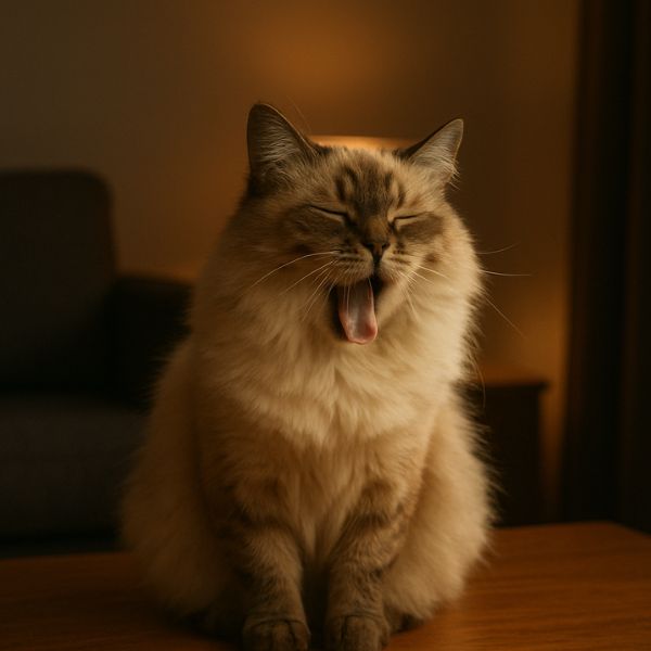 Chat qui miaule la nuit, assis sur une surface en bois avec une lampe allumée en arrière-plan. Illustration Planipet.