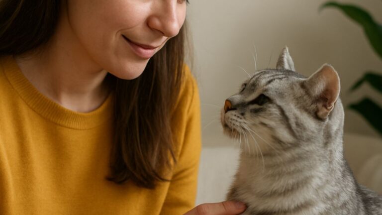 Comment calmer un chat qui miaule trop sans crier ni punir Femme caressant un chat qui miaule beaucoup dans un intérieur chaleureux. Illustration – Crédit photo : Planipets.