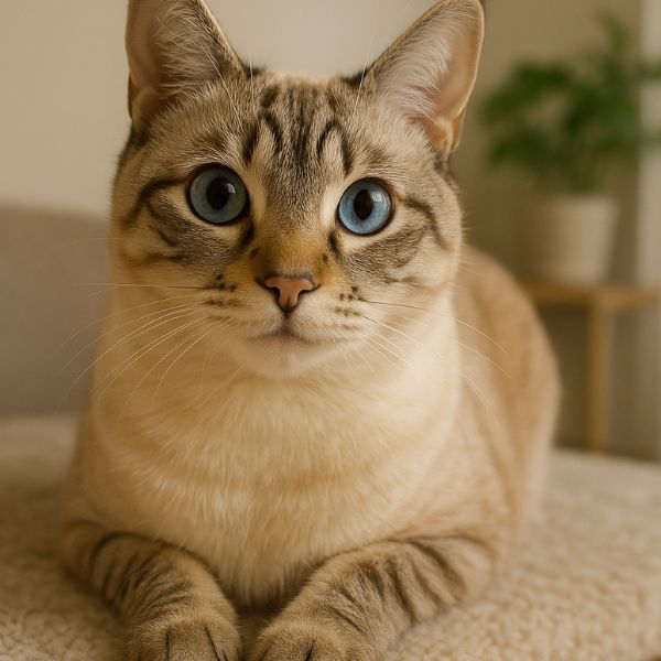 Calmer chat qui miaule aux yeux bleus, assis calmement sur un arbre à chat dans un intérieur chaleureux. Illustration – Crédit photo : Planipets.