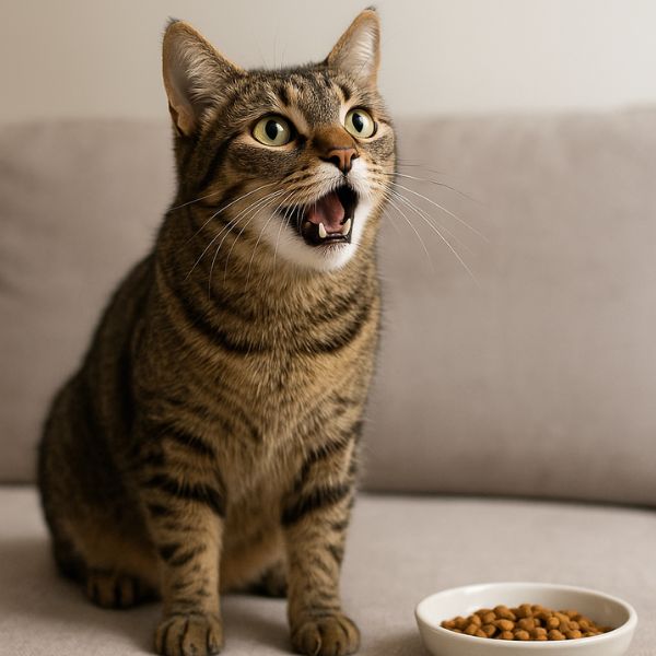 Chat tigré assis sur un canapé, la bouche ouverte en train de miauler, avec une gamelle de croquettes à côté. Illustration – Crédit photo : Planipets.