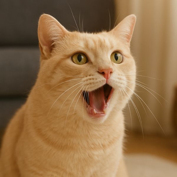 Illustration d’un miaulement de douleur chat avec un chat crème aux yeux dorés, allongé et regardant l’objectif. Crédit photo : Planipets.