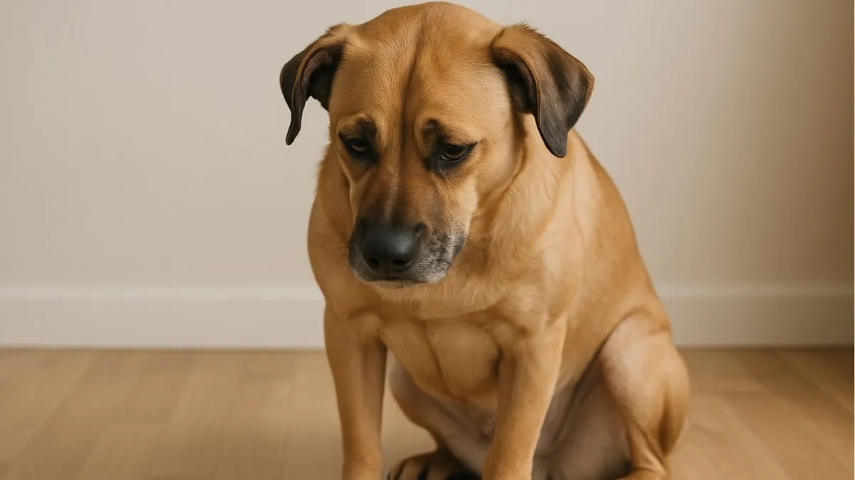 Chien assis à l’intérieur, air fatigué, illustrant un trouble digestif d’origine virale. Illustration. Crédit photo Planipets.