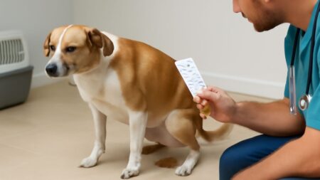 Chien souffrant de diarrhée chien médicament après la prise de médicaments, avec un vétérinaire observant la situation.