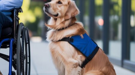 Un chien d’assistance blond assis à côté d’une personne en fauteuil roulant, à l’extérieur. Il porte un harnais bleu indiquant sa mission d’aide.