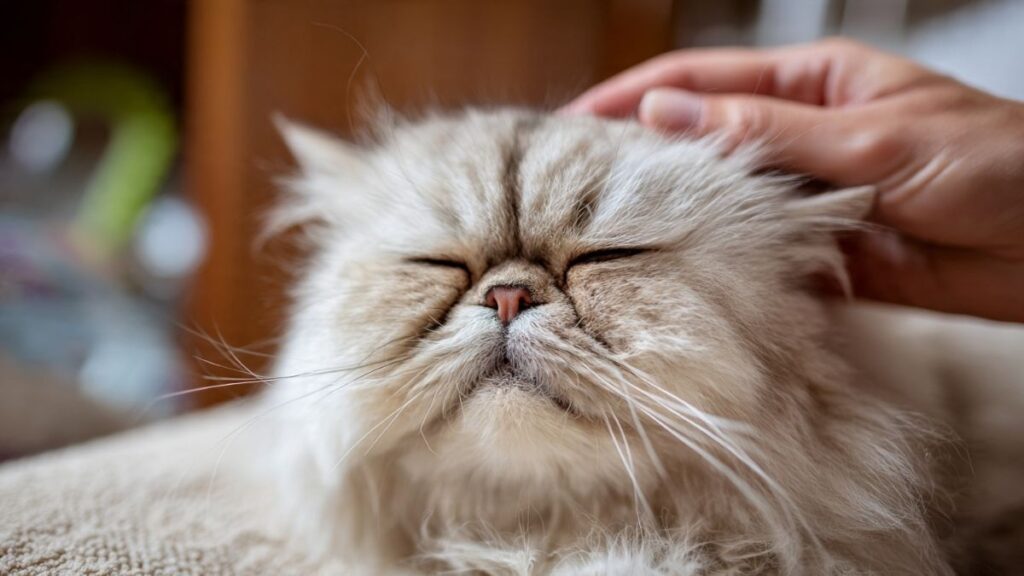 Illustration : Une main humaine caressant doucement un chat âgé qui miaule beaucoup, représentant la recherche de réconfort et l'atténuation de l'anxiété. Crédit photo : Planipets.